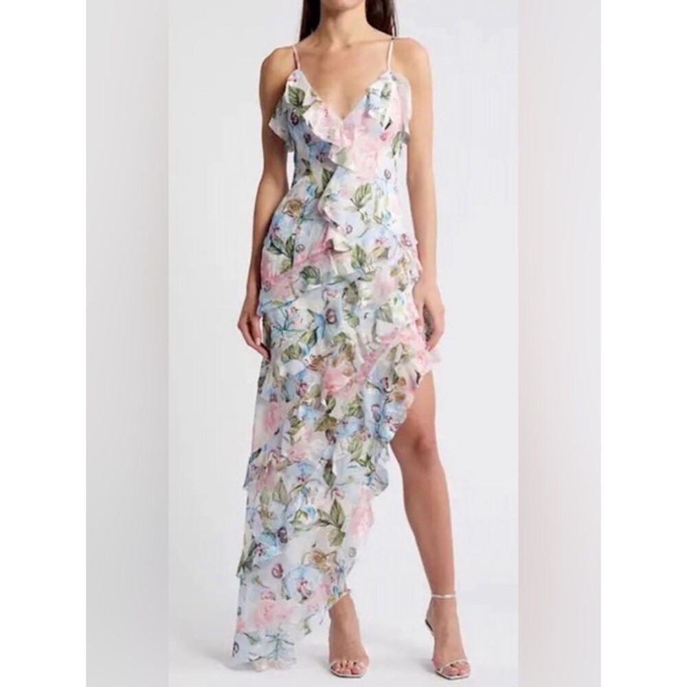 Elliatt Wilhelmina Floral Ruffle Chiffon Maxi Dress Pink L Cottagecore Coquette